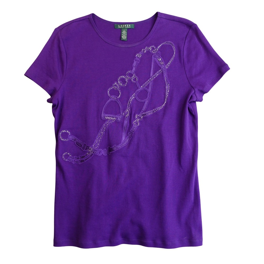 Vintage 90s Ralph Lauren Top Womens L Purple Equestrian Beaded‎ Old Money Preppy